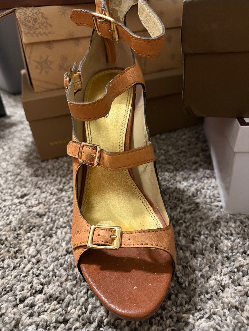 bebe Tan Strappy Buckle-Heel Sandal